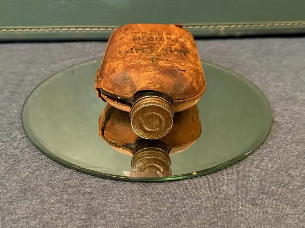 Vintage Prohibition-Era Leather-Wrapped Amber Glass Flask